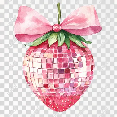 watercolor illustration of a disco ball in the shape of a strawberry, decorated with a pink bow, pink aesthetic, white background
