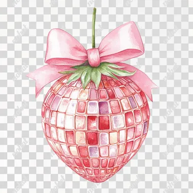 watercolor illustration of a disco ball in the shape of a strawberry, decorated with a pink bow, pink aesthetic, white background