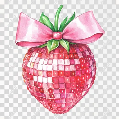 watercolor illustration of a disco ball in the shape of a strawberry, decorated with a pink bow, pink aesthetic, white background