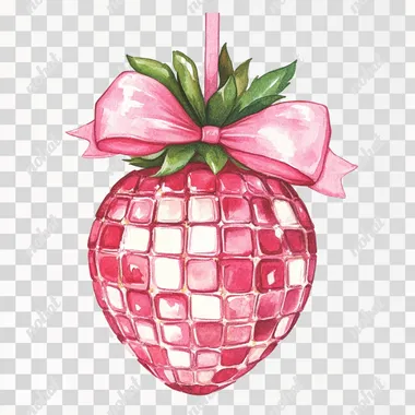 watercolor illustration of a disco ball in the shape of a strawberry, decorated with a pink bow, pink aesthetic, white background
