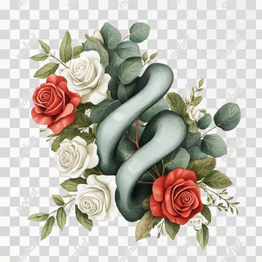 A cluster of S-shaped eucalyptus leaves with a small number of other leaves, paired with light red roses and white roses, beautiful combination, vintage illustration in the style of Marjolein Bastin, white background, vintage style, watercolor clipart, clear edges, good quality. High definition,  resolution