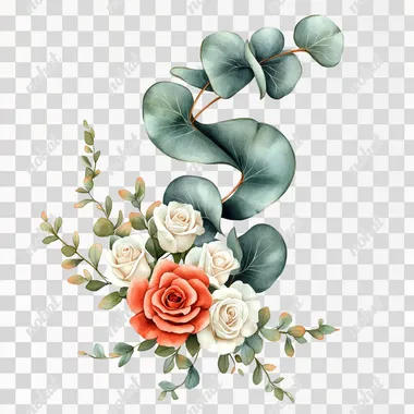 A cluster of S-shaped eucalyptus leaves with a small number of other leaves, paired with light red roses and white roses, beautiful combination, vintage illustration in the style of Marjolein Bastin, white background, vintage style, watercolor clipart, clear edges, good quality. High definition,  resolution