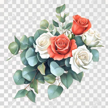 A cluster of S-shaped eucalyptus leaves with a small number of other leaves, paired with light red roses and white roses, beautiful combination, vintage illustration in the style of Marjolein Bastin, white background, vintage style, watercolor clipart, clear edges, good quality. High definition,  resolution