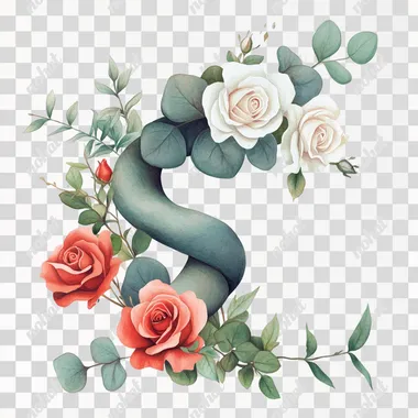 A cluster of S-shaped eucalyptus leaves with a small number of other leaves, paired with light red roses and white roses, beautiful combination, vintage illustration in the style of Marjolein Bastin, white background, vintage style, watercolor clipart, clear edges, good quality. High definition,  resolution