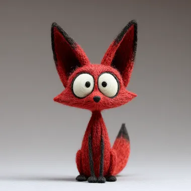 Tim Burton Coraline style, not gothic, not dark small red fox, perfectly round pure white eyes, tiny black pupils, cartoon, big ears, stylized sculpted fur, handmade, visible seams, quirky proportions, friendly, not fluffy plain neutral background  --raw