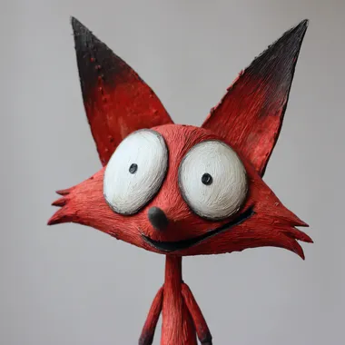 Tim Burton Coraline style, not gothic, not dark small red fox, perfectly round pure white eyes, tiny black pupils, cartoon, big ears, stylized sculpted fur, handmade, visible seams, quirky proportions, friendly, not fluffy plain neutral background  --raw