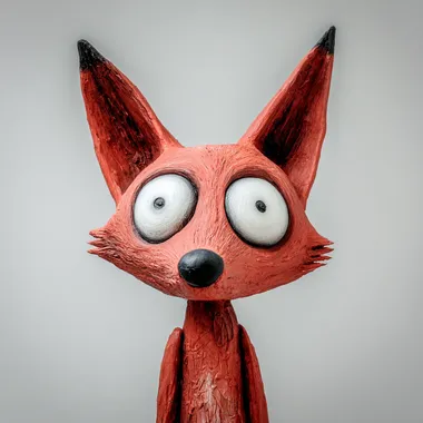 Tim Burton Coraline style, not gothic, not dark small red fox, perfectly round pure white eyes, tiny black pupils, cartoon, big ears, stylized sculpted fur, handmade, visible seams, quirky proportions, friendly, not fluffy plain neutral background  --raw