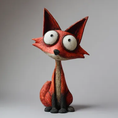 Tim Burton Coraline style, not gothic, not dark small red fox, perfectly round pure white eyes, tiny black pupils, cartoon, big ears, stylized sculpted fur, handmade, visible seams, quirky proportions, friendly, not fluffy plain neutral background  --raw