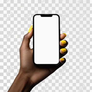 African american hand with yellow nails holding an iphone 14 max plus, screen is white and the blackground is solid