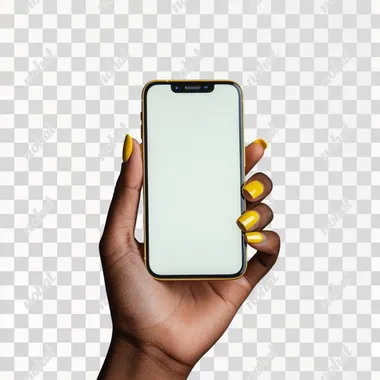 African american hand with yellow nails holding an iphone 14 max plus, screen is white and the blackground is solid