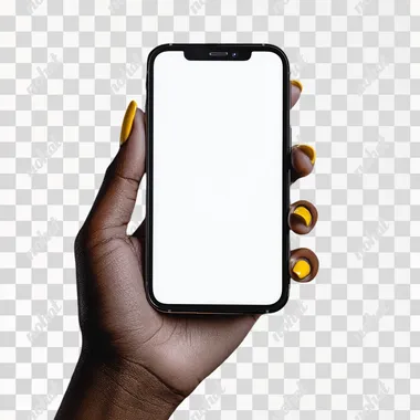 African american hand with yellow nails holding an iphone 14 max plus, screen is white and the blackground is solid