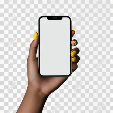 African american hand with yellow nails holding an iphone 14 max plus, screen is white and the blackground is solid