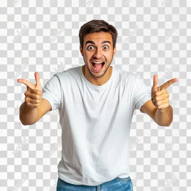 A Brazilian university student with light skin, short brown hair, and a cheerful expression, standing in a frontal view. He is dressed casually in IT sector attire: a t-shirt, jeans, and sneakers. His face shows a happy surprise, with wide eyes and a big smile, as he points forward with both hands in excitement. His body language is energetic and enthusiastic, reflecting joy and amazement. The background is a solid gray, minimalist and clean, keeping the focus on the student's positive reaction. The scene captures a moment of joyful surprise, radiating excitement. The style is ultrarealistic photography