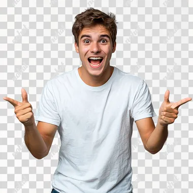 A Brazilian university student with light skin, short brown hair, and a cheerful expression, standing in a frontal view. He is dressed casually in IT sector attire: a t-shirt, jeans, and sneakers. His face shows a happy surprise, with wide eyes and a big smile, as he points forward with both hands in excitement. His body language is energetic and enthusiastic, reflecting joy and amazement. The background is a solid gray, minimalist and clean, keeping the focus on the student's positive reaction. The scene captures a moment of joyful surprise, radiating excitement. The style is ultrarealistic photography