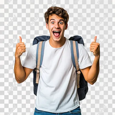 A Brazilian university student with light skin, short brown hair, and a cheerful expression, standing in a frontal view. He is dressed casually in IT sector attire: a t-shirt, jeans, and sneakers. His face shows a happy surprise, with wide eyes and a big smile, as he points forward with both hands in excitement. His body language is energetic and enthusiastic, reflecting joy and amazement. The background is a solid gray, minimalist and clean, keeping the focus on the student's positive reaction. The scene captures a moment of joyful surprise, radiating excitement. The style is ultrarealistic photography