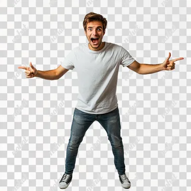 A Brazilian university student with light skin, short brown hair, and a cheerful expression, standing in a frontal view. He is dressed casually in IT sector attire: a t-shirt, jeans, and sneakers. His face shows a happy surprise, with wide eyes and a big smile, as he points forward with both hands in excitement. His body language is energetic and enthusiastic, reflecting joy and amazement. The background is a solid gray, minimalist and clean, keeping the focus on the student's positive reaction. The scene captures a moment of joyful surprise, radiating excitement. The style is ultrarealistic photography