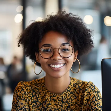 Realistic photograph of a 25-year-old afro american female geek with a modern style sitting in front of a computer, smiling at the camera, with the blurred office background. Art Form: Photography (50mm) Inspired by Annie Leibovitz Description: A well-composed shot captures a stylish 25-year-old person in their element, bright lighting emphasizing the modern vibe.