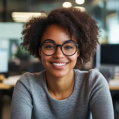 Realistic photograph of a 25-year-old afro american female geek with a modern style sitting in front of a computer, smiling at the camera, with the blurred office background. Art Form: Photography (50mm) Inspired by Annie Leibovitz Description: A well-composed shot captures a stylish 25-year-old person in their element, bright lighting emphasizing the modern vibe.