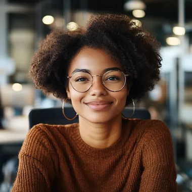 Realistic photograph of a 25-year-old afro american female geek with a modern style sitting in front of a computer, smiling at the camera, with the blurred office background. Art Form: Photography (50mm) Inspired by Annie Leibovitz Description: A well-composed shot captures a stylish 25-year-old person in their element, bright lighting emphasizing the modern vibe.