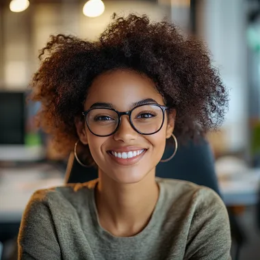 Realistic photograph of a 25-year-old afro american female geek with a modern style sitting in front of a computer, smiling at the camera, with the blurred office background. Art Form: Photography (50mm) Inspired by Annie Leibovitz Description: A well-composed shot captures a stylish 25-year-old person in their element, bright lighting emphasizing the modern vibe.