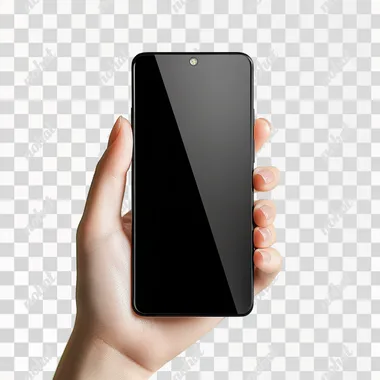 A woman's hand holding a modern smartphone with a black screen isolated on white background