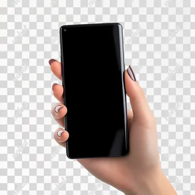 A woman's hand holding a modern smartphone with a black screen isolated on white background