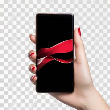 A woman's hand holding a modern smartphone with a black screen isolated on white background