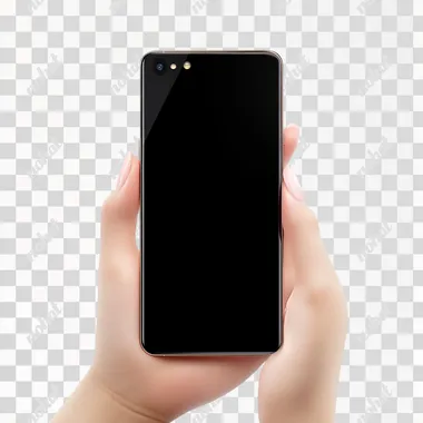 A woman's hand holding a modern smartphone with a black screen isolated on white background