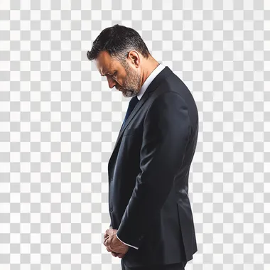 Sad, lonely, middle aged buissness man wearing a suit and tie looking down. Has no energy, motivation, and is depressed. Side profile, full body, isolated on white background