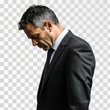 Sad, lonely, middle aged buissness man wearing a suit and tie looking down. Has no energy, motivation, and is depressed. Side profile, full body, isolated on white background