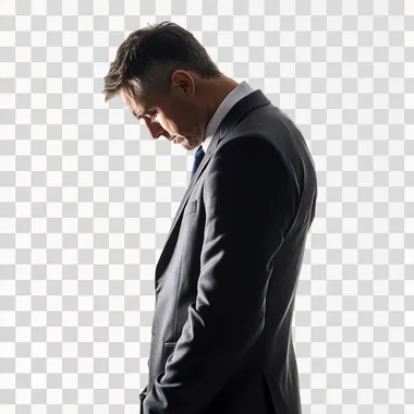 Sad, lonely, middle aged buissness man wearing a suit and tie looking down. Has no energy, motivation, and is depressed. Side profile, full body, isolated on white background