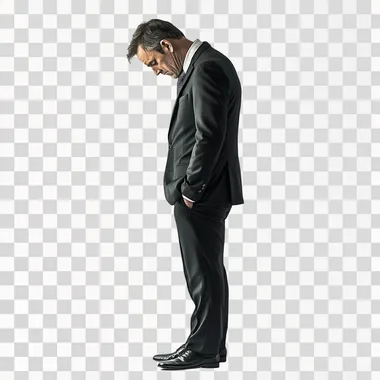 Sad, lonely, middle aged buissness man wearing a suit and tie looking down. Has no energy, motivation, and is depressed. Side profile, full body, isolated on white background