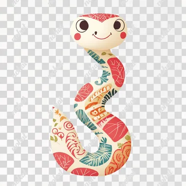 A Cute and smiling, colorful Chinese oriental snake, a snake body with posture text "o" shape, a Chinese traditional pattern on his white body, with tail, smooth body, minimalist style, white background, peony silk embroidery style, Paper-cut art, movie lighting, volume light, soft and advanced colors, blender, ultra detail, ultra-precision, horizontal,--vector