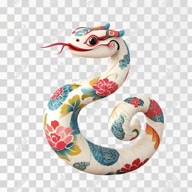A Cute and smiling, colorful Chinese oriental snake, a snake body with posture text "o" shape, a Chinese traditional pattern on his white body, with tail, smooth body, minimalist style, white background, peony silk embroidery style, Paper-cut art, movie lighting, volume light, soft and advanced colors, blender, ultra detail, ultra-precision, horizontal,--vector