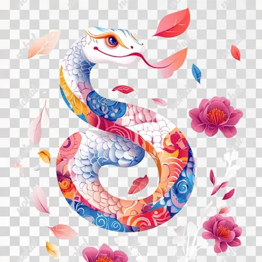 A Cute and smiling, colorful Chinese oriental snake, a snake body with posture text "o" shape, a Chinese traditional pattern on his white body, with tail, smooth body, minimalist style, white background, peony silk embroidery style, Paper-cut art, movie lighting, volume light, soft and advanced colors, blender, ultra detail, ultra-precision, horizontal,--vector