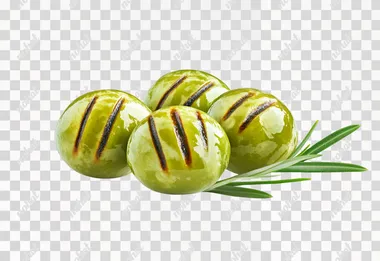 chargrilled pitted green olives, with grilled stripes on, on white background, realistic photo,