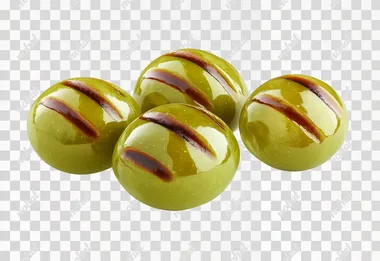 chargrilled pitted green olives, with grilled stripes on, on white background, realistic photo,