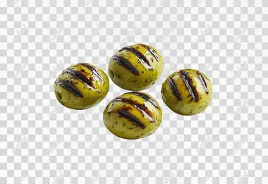 chargrilled pitted green olives, with grilled stripes on, on white background, realistic photo,