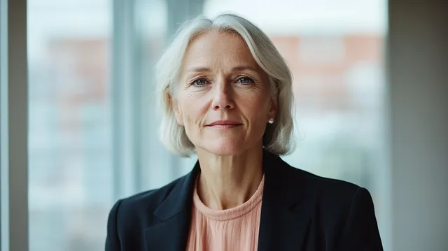 Confident middle-aged businesswoman in black jacket by office window