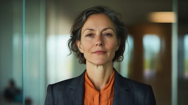 Confident Businesswoman in Blazer and Silk Blouse in Modern Office