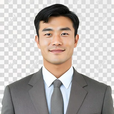 A Handsome man wearing a suit - The Suit Color is random - The Tie Color is random - Looks Clean & Modest & Appropriate - Smiling - Age 28 - Region: North Korean - Tall & Super Skinny - Modern-day Portrait (Real Life) - Jehovahs Witness - Facing Straight - Real life - Studio White Background