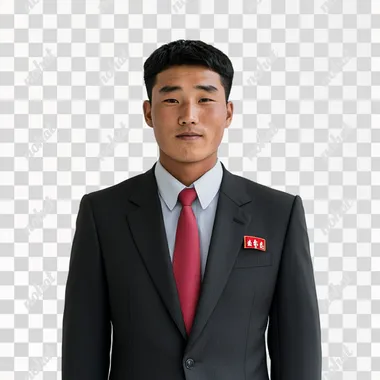 A Handsome man wearing a suit - The Suit Color is random - The Tie Color is random - Looks Clean & Modest & Appropriate - Smiling - Age 28 - Region: North Korean - Tall & Super Skinny - Modern-day Portrait (Real Life) - Jehovahs Witness - Facing Straight - Real life - Studio White Background