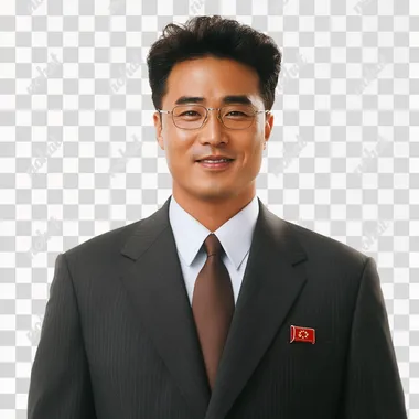 A Handsome man wearing a suit - The Suit Color is random - The Tie Color is random - Looks Clean & Modest & Appropriate - Smiling - Age 28 - Region: North Korean - Tall & Super Skinny - Modern-day Portrait (Real Life) - Jehovahs Witness - Facing Straight - Real life - Studio White Background