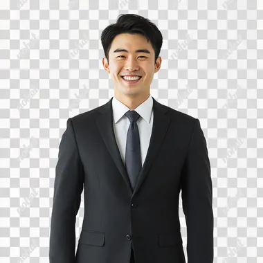 A Handsome man wearing a suit - The Suit Color is random - The Tie Color is random - Looks Clean & Modest & Appropriate - Smiling - Age 28 - Region: North Korean - Tall & Super Skinny - Modern-day Portrait (Real Life) - Jehovahs Witness - Facing Straight - Real life - Studio White Background
