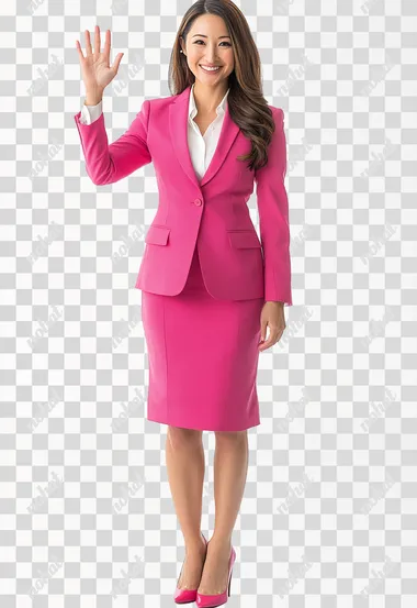 A woman in professional attire, wearing a pink and white color scheme suit with a skirt, is waving to the camera, standing upright in a front view, with a smiling expression and an open palm gesture of bowing from above. The full-body photograph has a real skin texture in a super-realistic style against a pure white background, captured with professional photography and high-definition resolution.  --s 250