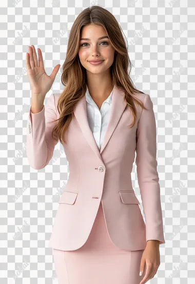 A woman in professional attire, wearing a pink and white color scheme suit with a skirt, is waving to the camera, standing upright in a front view, with a smiling expression and an open palm gesture of bowing from above. The full-body photograph has a real skin texture in a super-realistic style against a pure white background, captured with professional photography and high-definition resolution.  --s 250