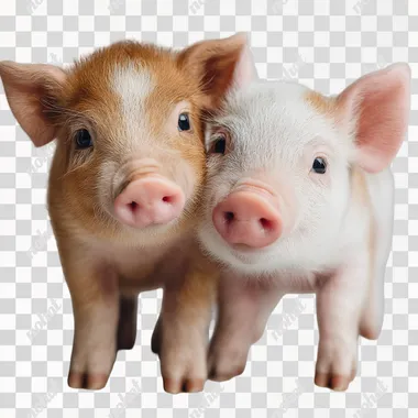 Cute realistic photo swine with a pig, standing together, viewed from the side, looking gentle and friendly, perfect for children, clean white background, soft natural lighting, warm tones  --s 250