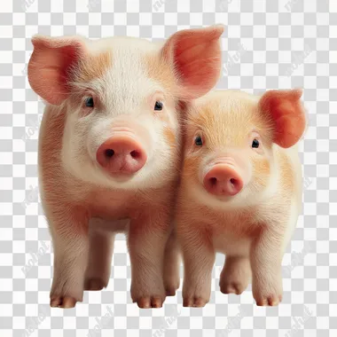 Cute realistic photo swine with a pig, standing together, viewed from the side, looking gentle and friendly, perfect for children, clean white background, soft natural lighting, warm tones  --s 250