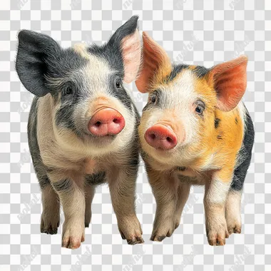 Cute realistic photo swine with a pig, standing together, viewed from the side, looking gentle and friendly, perfect for children, clean white background, soft natural lighting, warm tones  --s 250