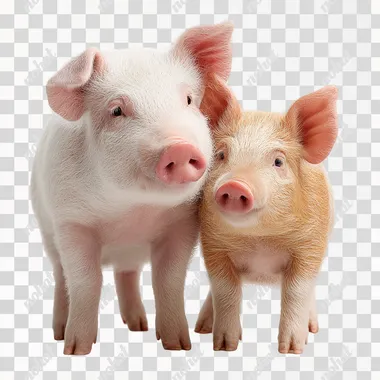 Cute realistic photo swine with a pig, standing together, viewed from the side, looking gentle and friendly, perfect for children, clean white background, soft natural lighting, warm tones  --s 250